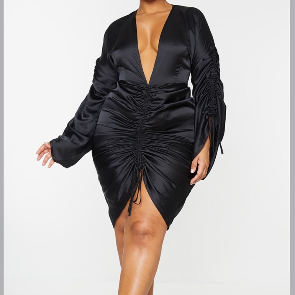 Plus Black Satin Plunge Ruched Front Dress